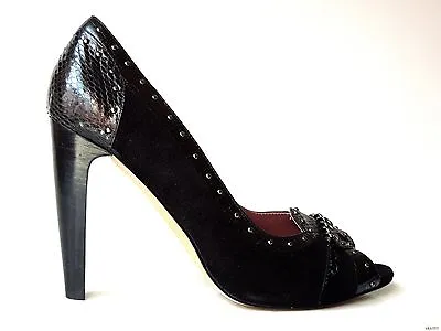 New $325 C LABEL Black Leather Open-toe CHAIN STUDS PUMPS Heels Shoes 40 10 • $59.99