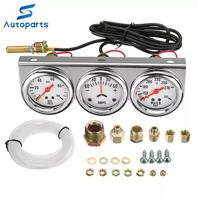 2  52mm Oil Pressure Amp Meter Water Temp Triple Gauge 3 In 1 Set Chrome Panel • $25.89