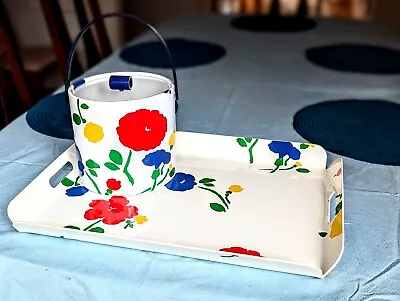 Vintage 1980's Retro Vinyl White Floral Ice Bucket And Matching Serving Tray • $49.99