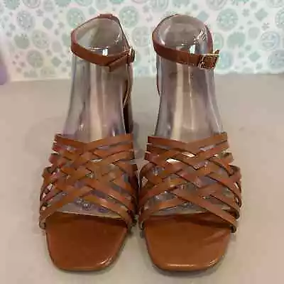 J. Jill Womens 10M Leather Strappy Sandals Heels Brown Weave Detail Ankle Strap • $24.99