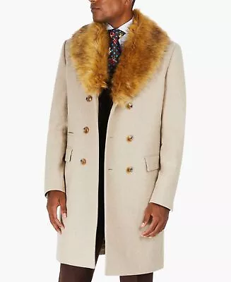 TAYION COLLECTION Men's Oatmeal Overcoat Coat 38S Detachable Faux-Fur Collar • $89.99