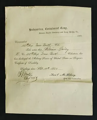$224.95 • Buy 1863 Antique CIVIL WAR DISABILITY DISCHARGE For WILLIAM BAILY 108th Reg NY Co B 