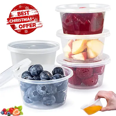 50Pcs Deli Pot Sauce Dip Plastic Clear Round Food Containers Chutney Tubs & Lids • £6.12