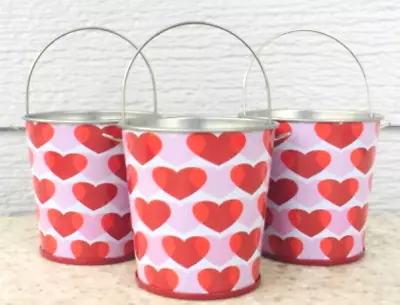 3pc VALENTINE HEARTS Mini Tin Bucket Pail LOT/SET Of 3 • $4.95