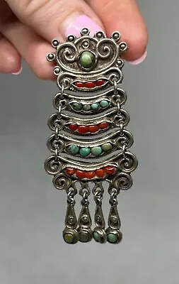 Vintage Mexican Sterling Silver Turquoise & Coral Brooch SIGNED Matl • $395
