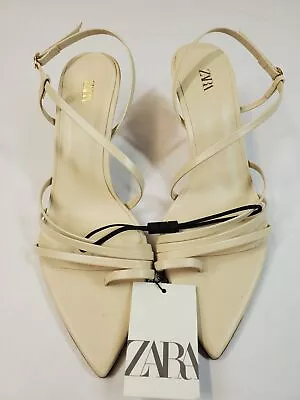 NWT Zara Women's Beige Pointed Toe Kitten Heel Ankle Strap Sandals Size 6.5 • $14.99