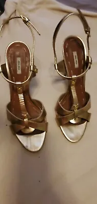 Miu Miu Heels AUTHENTIC Pre-loved US Size 7.5 Italy Size 38 Gold T-Strap • $85