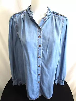 Matilda Jane Good Hart GH Lyles Shirt Blue Denim Chambray LS Button Up Shirt M • $20.99