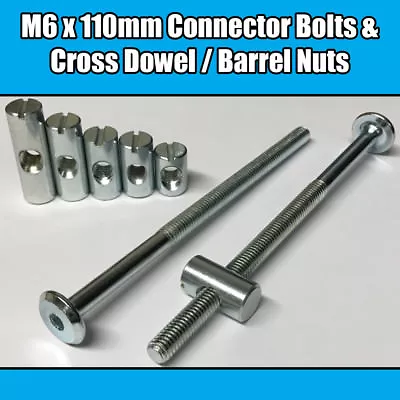 M6 X 110mm Furniture Connector Bolts & Cross Dowel Barrel Nuts Joint Fixing Unit • £3.40