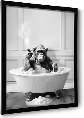Framed Bathroom Decor Wall Art Chimpanzee In Bathtub Black And White Wall Art • $19.04