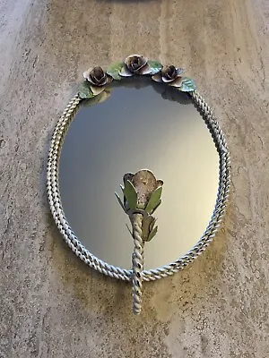 Vintage Toleware Rose Floral MIRROR Shabby Chic Candle Holder OVAL COUNTRY 13x9” • £62.73
