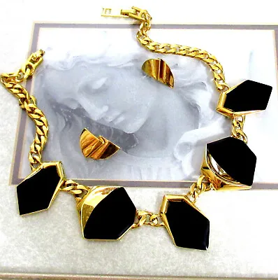 Vtg Runway Deco Modernist MONET Black Enamel GP Chain Bib Necklace Earrings Set • $97.99