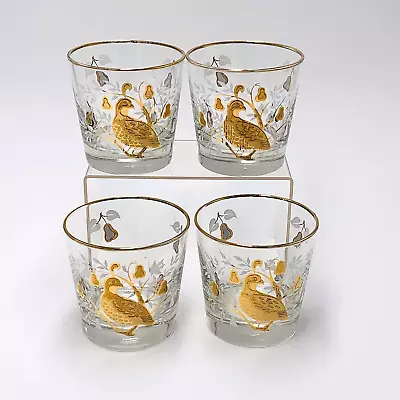 Libby’s Glass MCM Gold Partridge In Pear Tree Set Of 4 Lowball Tumbler Barware • $28