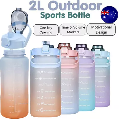 2L Water Sports Bottle Straw Cup Motivational Drink Flask With Time Markings Gym • $16.95