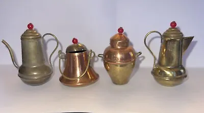 Set 4 Vintage Collectible Miniature Brass Copper TEAPOT Red Lid Pot Handles 2.5” • $24