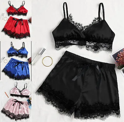 Womens Sexy Sleepwear Satin Silk Lace Cami Vest Shorts Lingerie Pyjamas Set PjS • £4.79