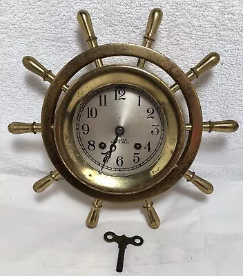 Vintage Chelsea Ship’s Bell Brass Yacht Wheel Clock Runs & Chimes Circa 1935-39 • $152.50