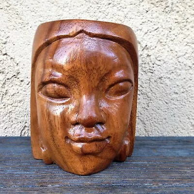 Mid Century Genuine Monkey Pod Wood Hala Kahiki Wahine Face Handcrafted Mug • $29.95