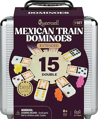 Mexican Train Dominoes Set Double 15 - 136 Tiles 9 Trains Wooden Hub Case • £38