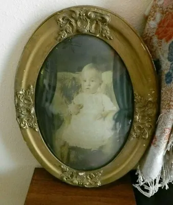 Antique Gold Oval Gesso Picture Frame W-Convex Bubble Glass 25 × 19 Baby Photo • $85.99