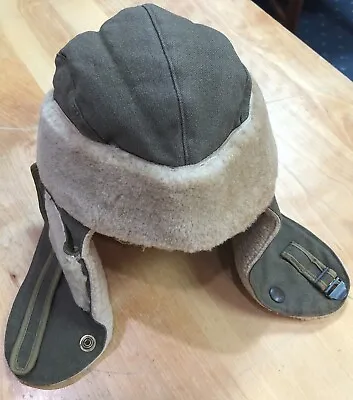 Vintage Shearling Wool Military Fly Boy Pilot Aviator Trapper Hat Cap Green  • $38