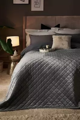 Next Hamilton Velvet Charcoal Quilted Bedspread 260x260 • £80