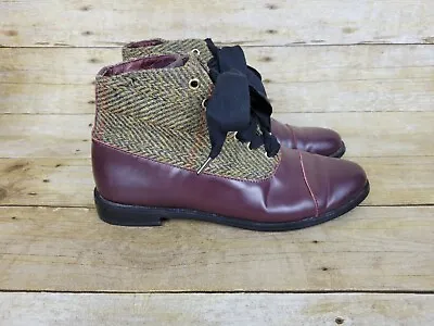 F-Troupe Harris Tweed Burgundy Leather Ankle Boots Womens EU 38 US 7 • £18.30