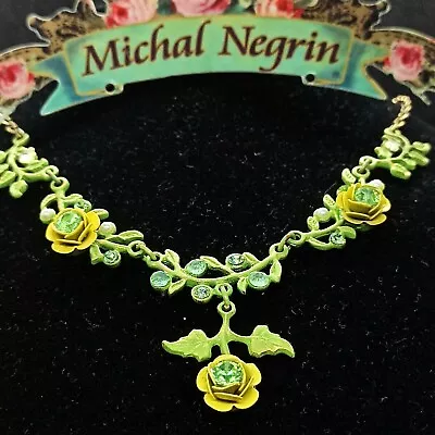 Michal Negrin Necklace Crystals Roses Yellow Green Statement Enamel Pearls Gift • $71.20