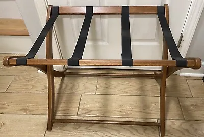 Vintage Luggage Suitcase Rack Stand Folding Wood Tapestry Straps Large • $47.95