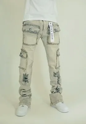 Distressed Denim Acid Washed Skinny Stacked Jeans Men Streetwear Size 36 • $128