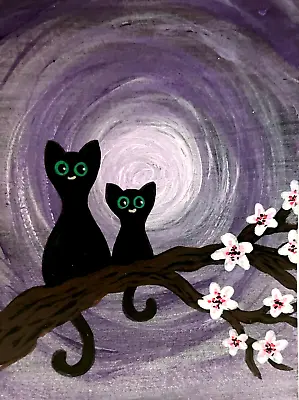 $5.99 • Buy ACEO Original Acrylic Art Painting Black Kitty Cats Kittens & Cherry By Saulite
