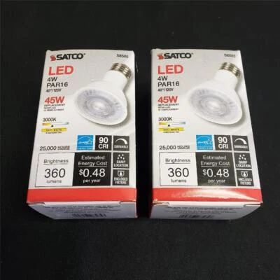 $18.99 • Buy = Lot Of 2 Satco LED 4W Par16 45W 3000K Bulb S8585 90 CRI Dimmable Enclosed