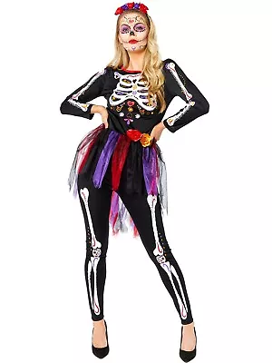 Mexican DOTD Day Of The Dead Skeleton Adult Womens Fancy Dress Halloween Costume • £28.99