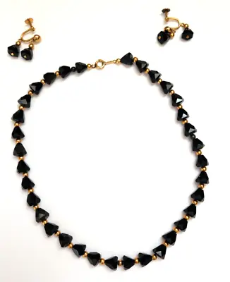 VTG Demi Signed Simmons Black Faceted Trumpet Bead Choker  Screw Back Earrings • $35