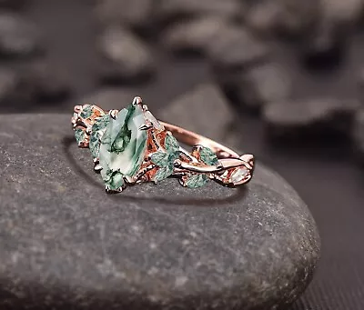 Vintage Marquise Moss Agate Engagement Ring Unique Promise Ring For Her . • $133.99