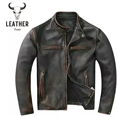 Brown Biker Cafe Racer Leather Jacket Men’s Motorcycle Vintage Distressed Jacket • $125