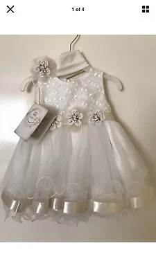 Couche Tot Baby Girls Ivory White Christening Baptism Wedding Dress&Headband 6-9 • £30