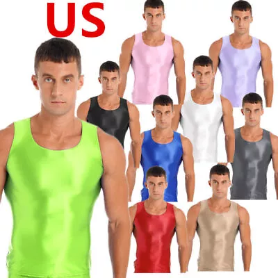 US Men T-Shirts Shiny Glossy Workout Tank Tops Gym Muscle Tee Fitness Sleeveless • $9.29