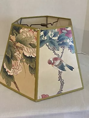 Vintage 6 Panel Asian  Floral Parchment Lamp Shade Gold Trim • $25.77