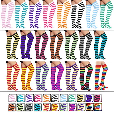 Women Full Striped Over The Knee Socks Thigh High Colourful Stockings One Size • £2.97