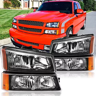 For 2003-2006 Chevy Silverado Avalanche Headlights W/ Bumper Lamps Black Amber • $57.95