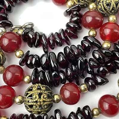 Vtg Polished Garnet Chip Round Carnelian Glass Gold Tone Filigree Bead Necklace • $39.99