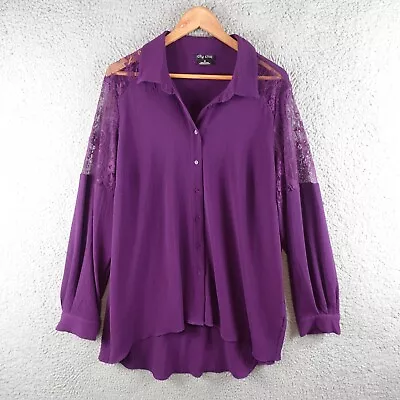 City Chic Womens Top Medium Purple Button Tunic Long Sleeve Lace Sleeve Plus • $24.90