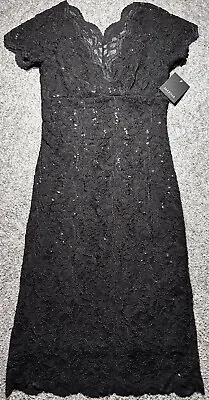 NWT Marina Women's Size 6 Scalloped Lace Short Sleeve Gunmetal Black Dress • $35