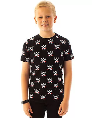 WWE Wrestling All Over Print Boys Kids Black Logo T-shirt • $41.75