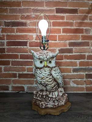 Vtg Large Owl Glaze Ceramic Lamp 1970s Brown Cream Wood Base • $174.99