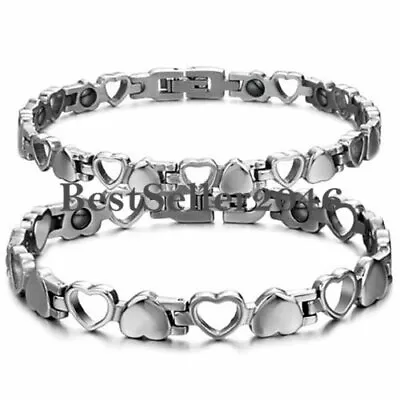 Men Women Stainless Steel Magnetic Therapy Bracelet Heart Hollow Hematite Bangle • $12.99