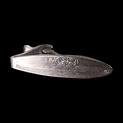 VTG Floral Etched Design Rounded Edge Silver Tone Tie Clip Tie Bar Men's Jewelry • $10.05