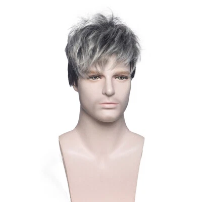 £10 • Buy Men's Silver Gray Gradient Small Curly Short Hair Wig Sets Dark Gray Brown Wig√