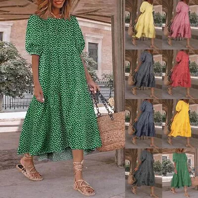 Womens Boho Plaid A-Line Midi Dress Ladies Loose Holiday Beach Ruffled Sundress • $20.99